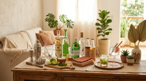 Utensílios para preparo de drinks, garrafas, copos e acessórios organizados sobre mesa em ambiente decorado.