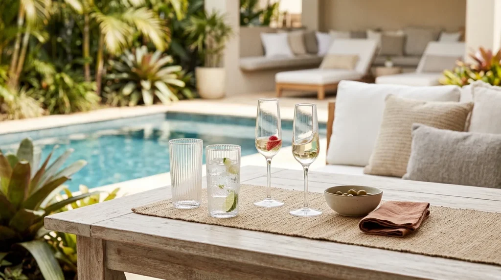 Copos e taças sobre mesa de madeira em área externa ao lado da piscina, com bebidas e ambiente de lazer ao fundo.