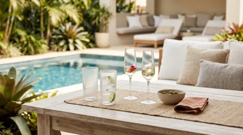 Copos e taças sobre mesa de madeira em área externa ao lado da piscina, com bebidas e ambiente de lazer ao fundo.