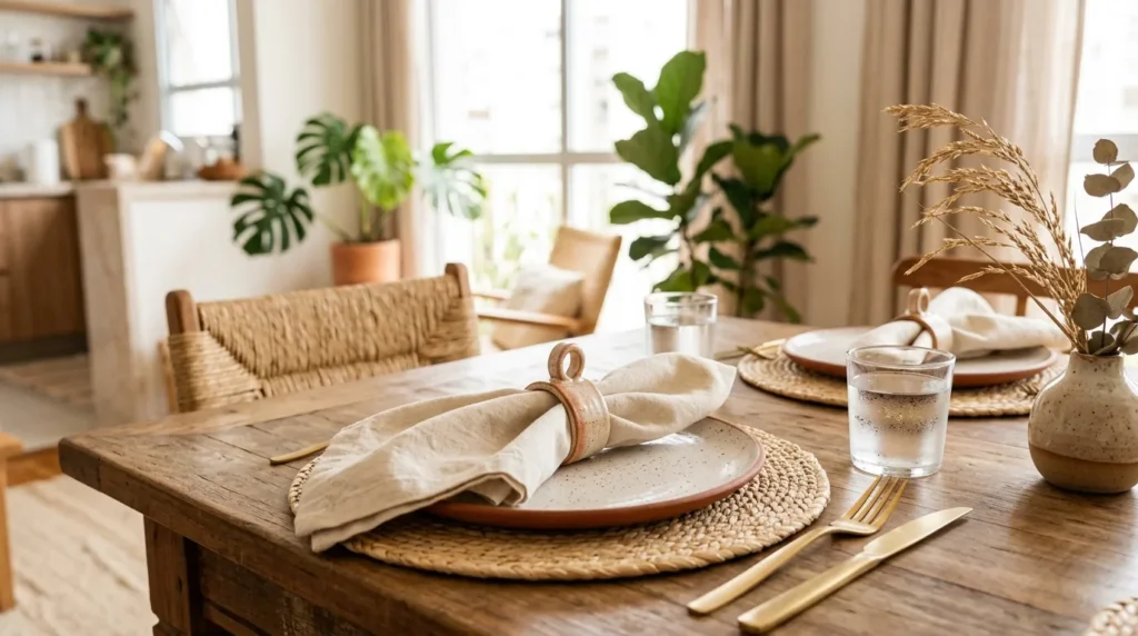 Mesa posta de verão com guardanapos de tecido, porta-guardanapos, pratos, jogos americanos e talheres em ambiente com decoração natural.