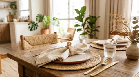 Mesa posta de verão com guardanapos de tecido, porta-guardanapos, pratos, jogos americanos e talheres em ambiente com decoração natural.