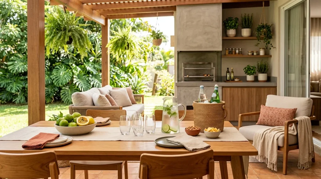 Área gourmet com churrasqueira, mesa de madeira posta com pratos, copos, frutas e bebidas, cercada por plantas e móveis confortáveis para receber convidados no verão.