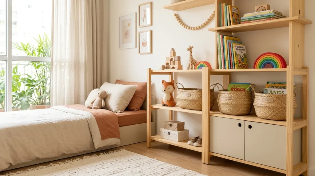 50_quarto-infantil-organizacao-e-decoracao-que-cresce.webp Quarto infantil organizado e decorado em tons neutros, com cama aconchegante, prateleiras de madeira, cestos organizadores, brinquedos e livros infantis.