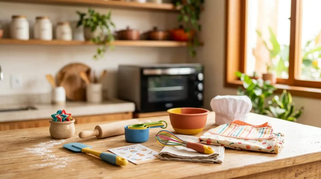 Texto alternativo: Utensílios para cozinhar com crianças sobre bancada, com bowl, medidores, espátula, fouet, avental e cortadores coloridos.