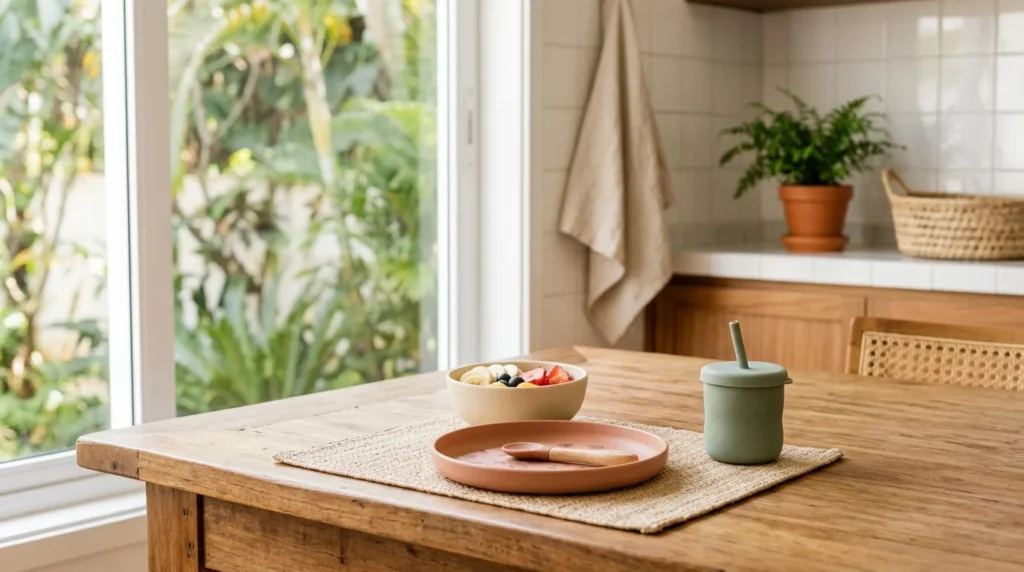 Louça infantil com prato, tigela e copo sobre mesa de madeira em ambiente de cozinha iluminado.