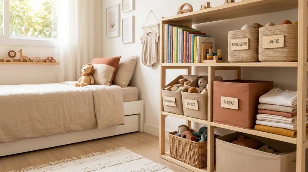 Quarto infantil organizado com estante de madeira, cestas organizadoras identificadas para brinquedos, livros e roupas, cama infantil e decoração em tons neutros.