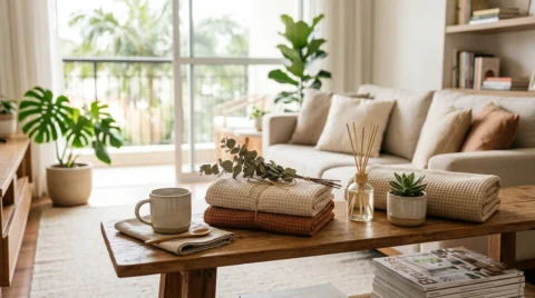 Sala aconchegante com mesa de centro, mantas, caneca, difusor de aromas e itens decorativos para casa nova.