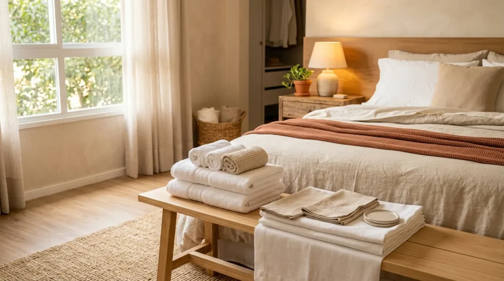 Enxoval do casal com cama de casal arrumada, roupa de cama em tons neutros, toalhas de banho e rosto dobradas sobre banco de madeira em quarto aconchegante.