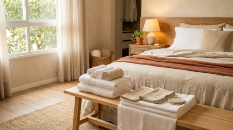 Enxoval do casal com cama de casal arrumada, roupa de cama em tons neutros, toalhas de banho e rosto dobradas sobre banco de madeira em quarto aconchegante.