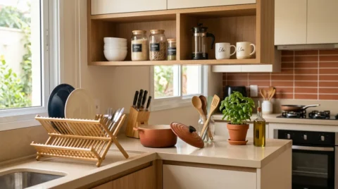 Cozinha organizada para casal, com escorredor de louças, utensílios, panelas, potes de mantimentos e cantinho do café em ambiente compacto.