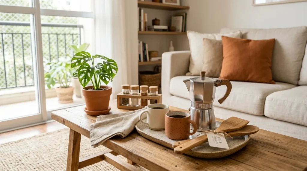 Ideia de presente de casamento com cafeteira italiana, canecas e utensílios de cozinha em ambiente aconchegante.