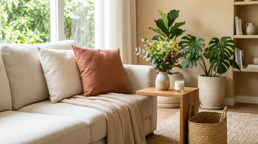 Sala renovada para a primavera com tons claros, flores, plantas, manta e cesto organizador em decoração leve e aconchegante.