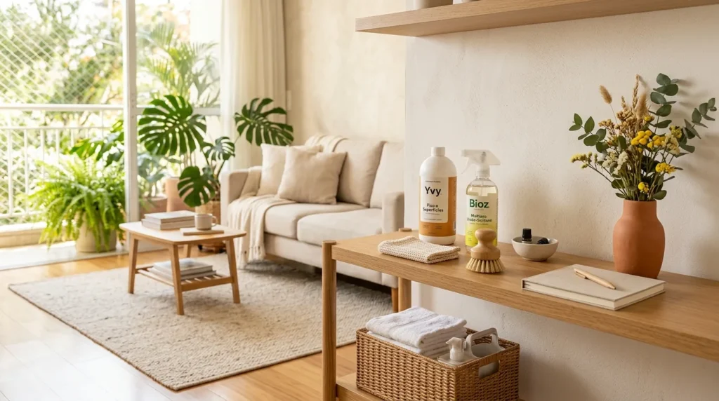 Sala organizada após faxina de primavera, com produtos de limpeza, panos e cesto organizador em ambiente claro e aconchegante.