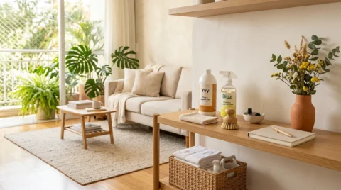 Sala organizada após faxina de primavera, com produtos de limpeza, panos e cesto organizador em ambiente claro e aconchegante.