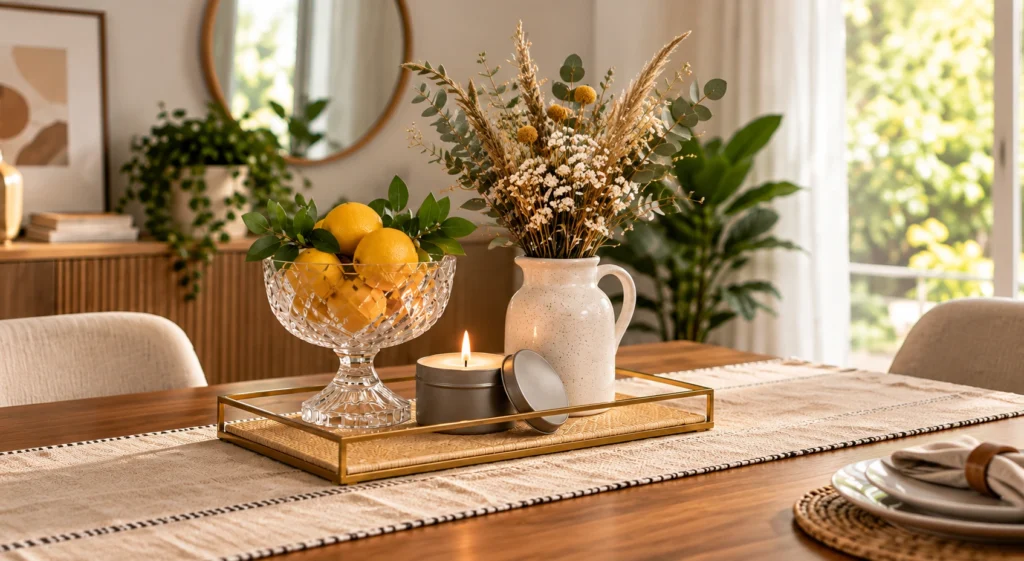 Centro de mesa moderno com bandeja decorativa, fruteira de cristal com limões, vela aromática e arranjo de flores sobre mesa de jantar.