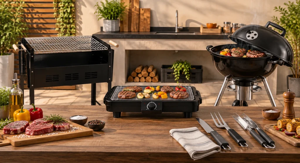 Churrasqueiras elétrica, a bafo e a carvão em área gourmet moderna, acompanhadas de utensílios para churrasco.