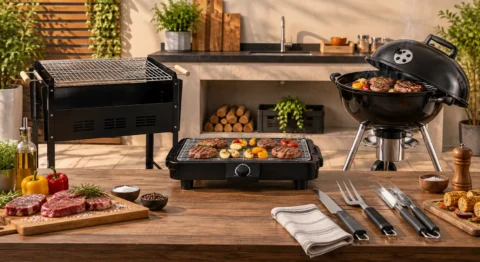 Churrasqueiras elétrica, a bafo e a carvão em área gourmet moderna, acompanhadas de utensílios para churrasco.