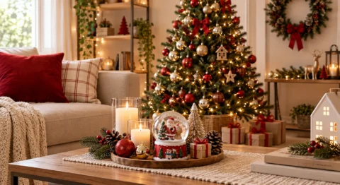 Sala decorada para o Natal com árvore, luzes, guirlanda e enfeites natalinos em uma composição aconchegante.