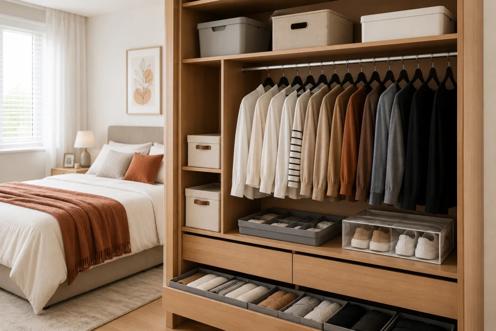 Guarda-roupa organizado com cabides, caixas organizadoras, divisórias de gaveta e sapateira em quarto moderno.