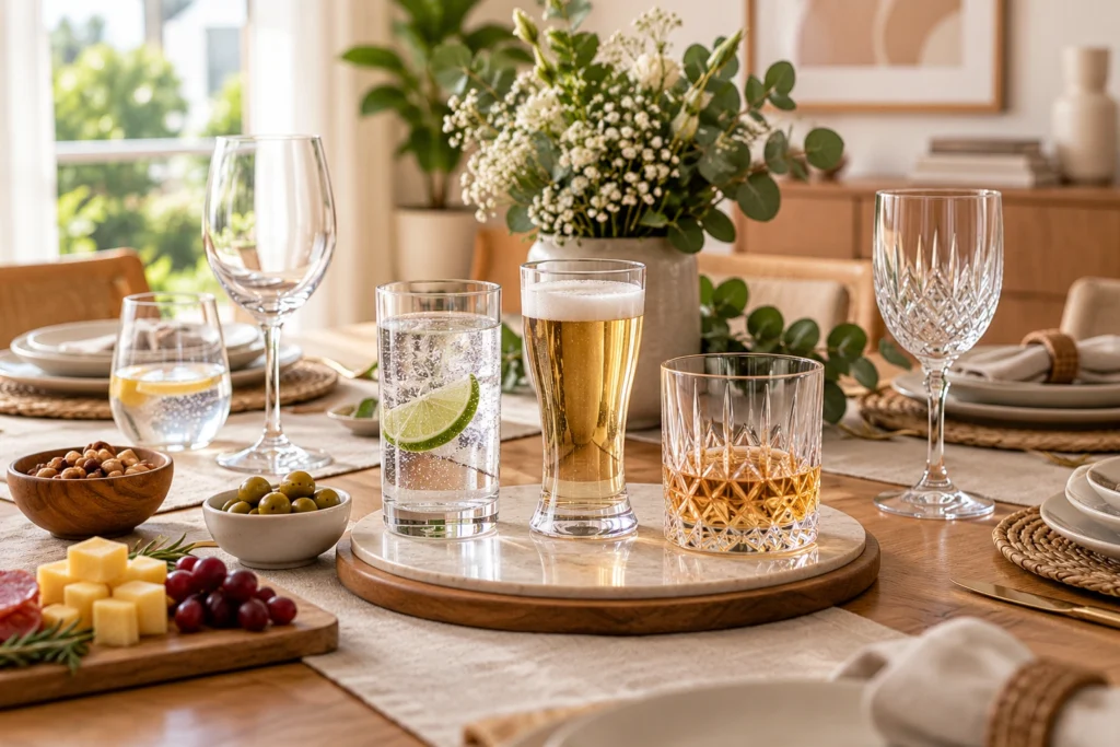 Copos de vidro, cristal e acrílico em diferentes formatos sobre mesa posta moderna com bebidas.