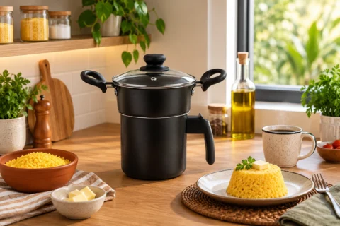 Cuscuzeira tradicional preta com tampa de vidro em cozinha moderna, acompanhada de cuscuz servido à mesa.