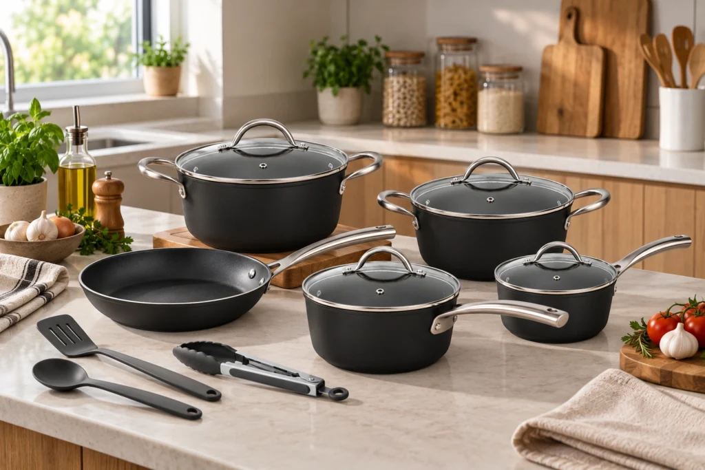 Diferentes jogos de panelas organizados em cozinha moderna, com opções para variados tipos de preparo e rotinas.