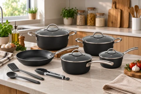Diferentes jogos de panelas organizados em cozinha moderna, com opções para variados tipos de preparo e rotinas.