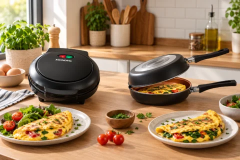 Omeleteira elétrica e omeleteira convencional em cozinha moderna, acompanhadas de omeletes e ingredientes para o preparo.