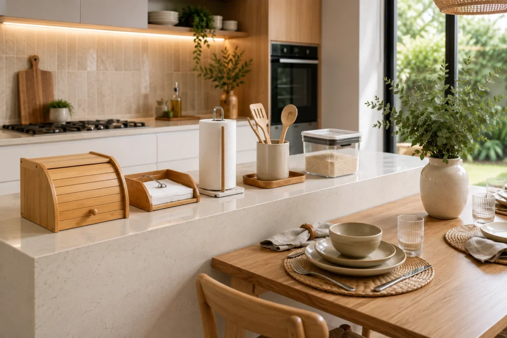 Bancada de cozinha organizada com porta-pão, porta-papel-toalha, porta-guardanapo, porta-mantimentos e suporte para utensílios.