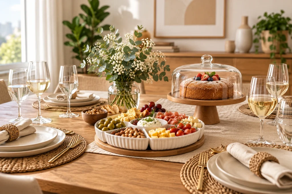Petisqueira com queijos, frios, azeitonas e outros aperitivos ao lado de boleira com bolo em mesa posta moderna.