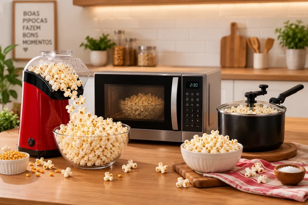 Pipoqueira elétrica, micro-ondas e panela pipoqueira tradicional com pipocas em cozinha moderna.