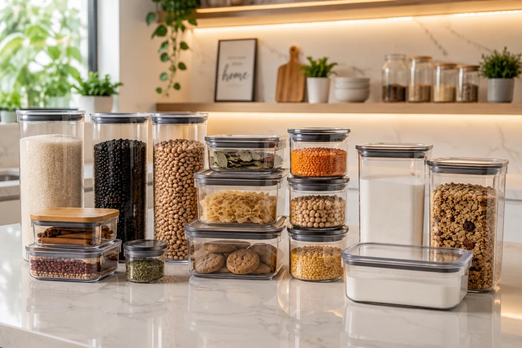 Potes herméticos transparentes de diferentes tamanhos com arroz, feijão, farinha, grãos, massas e outros mantimentos em cozinha moderna.