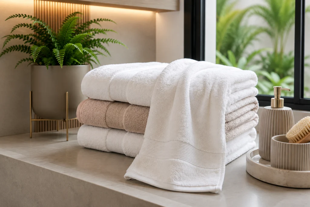 Toalhas de banho brancas e bege dobradas em ambiente moderno, com acessórios de banheiro e decoração natural.