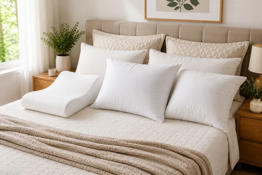 Cama de casal arrumada com diferentes tipos de travesseiros, incluindo modelos de viscoelástico, fibra, penas e plumas.