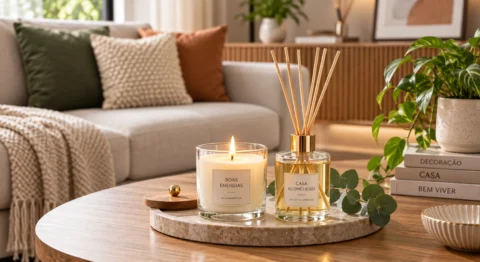 Vela aromática e difusor de varetas sobre mesa de madeira em sala moderna e aconchegante.