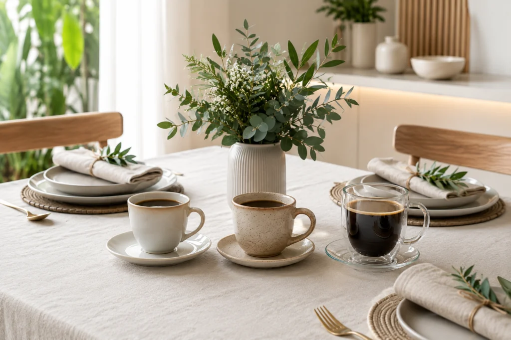 Xícaras de porcelana, cerâmica e vidro com café sobre mesa posta em ambiente moderno.