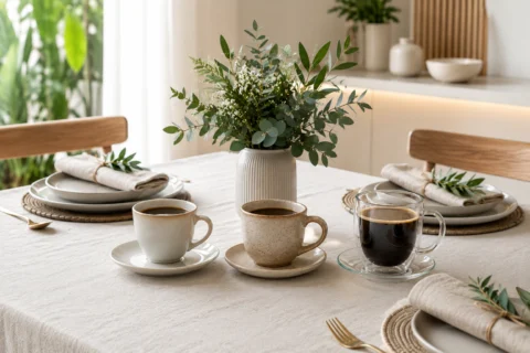 Xícaras de porcelana, cerâmica e vidro com café sobre mesa posta em ambiente moderno.