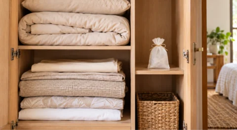 Sachê liso em espaço separado de roupas de cama dobradas dentro de armário claro.