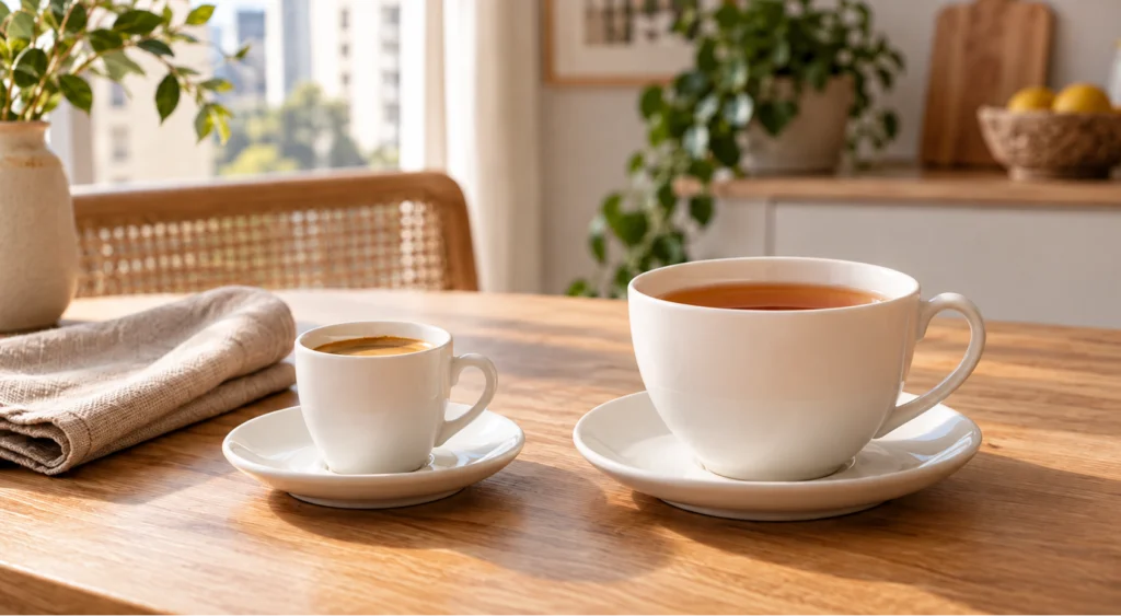 Xícara de café pequena e xícara de chá grande, ambas brancas e com pires, sobre mesa de madeira em ambiente aconchegante, destacando diferentes tamanhos e capacidades.