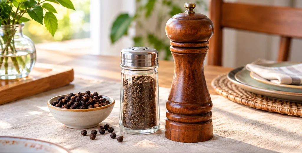 Pimenteiro de vidro com pimenta moída e moedor de madeira ao lado de grãos