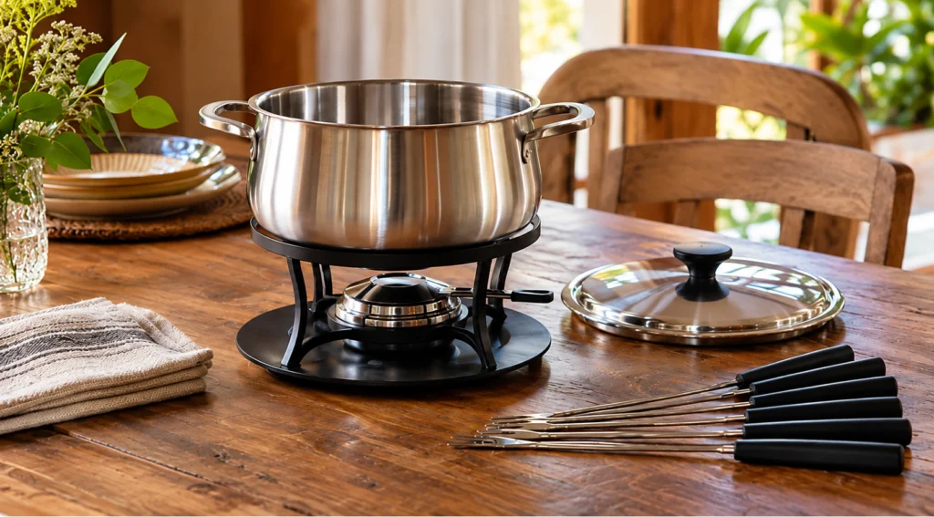 Panela de fondue em aço inox com suporte preto e queimador, acompanhada de tampa e garfos para fondue sobre mesa de madeira em ambiente aconchegante.