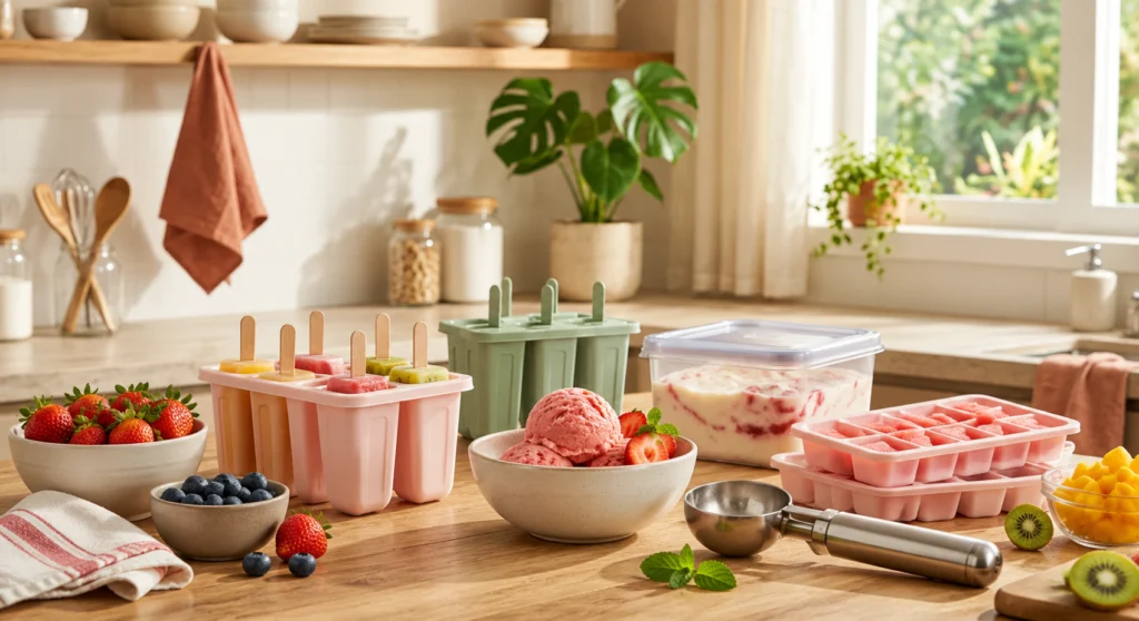 Sobremesas geladas para o verão organizadas sobre bancada de madeira, com formas de picolé coloridas, formas de gelo, bowl com sorvete de morango, frutas frescas, pote com tampa e colher de sorvete em cozinha iluminada naturalmente.