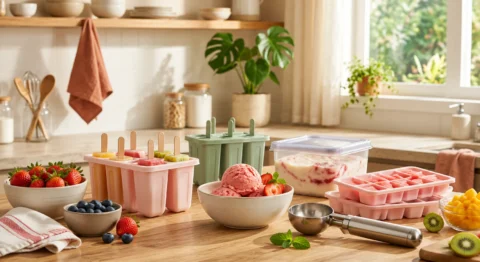 Sobremesas geladas para o verão organizadas sobre bancada de madeira, com formas de picolé coloridas, formas de gelo, bowl com sorvete de morango, frutas frescas, pote com tampa e colher de sorvete em cozinha iluminada naturalmente.