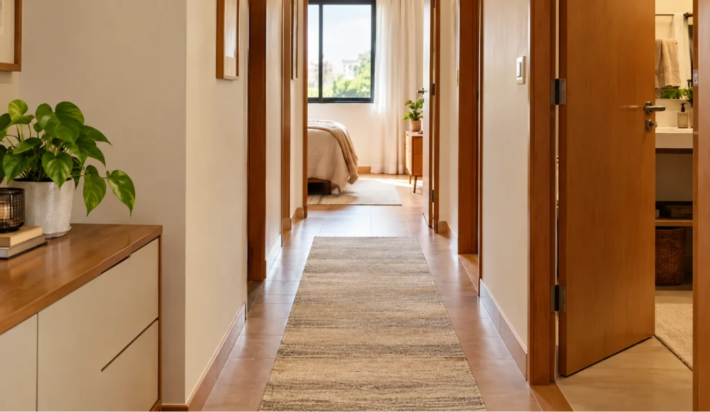 Passadeira para corredor em tom bege, posicionada sobre piso claro em ambiente residencial com portas de madeira, decoração neutra e iluminação natural.