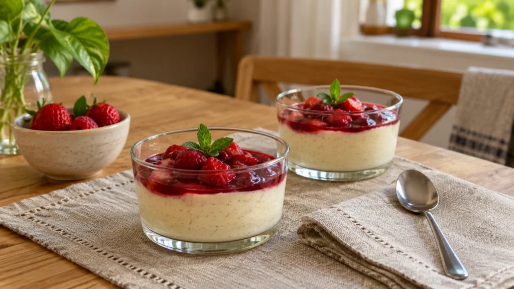 Taças de vidro com creme e frutas, espaço livre na borda e colher pequena ao lado.