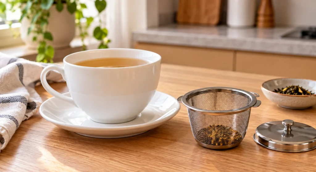 Xícara com pires branco e infusor de chá