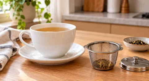 Xícara com pires branco e infusor de chá